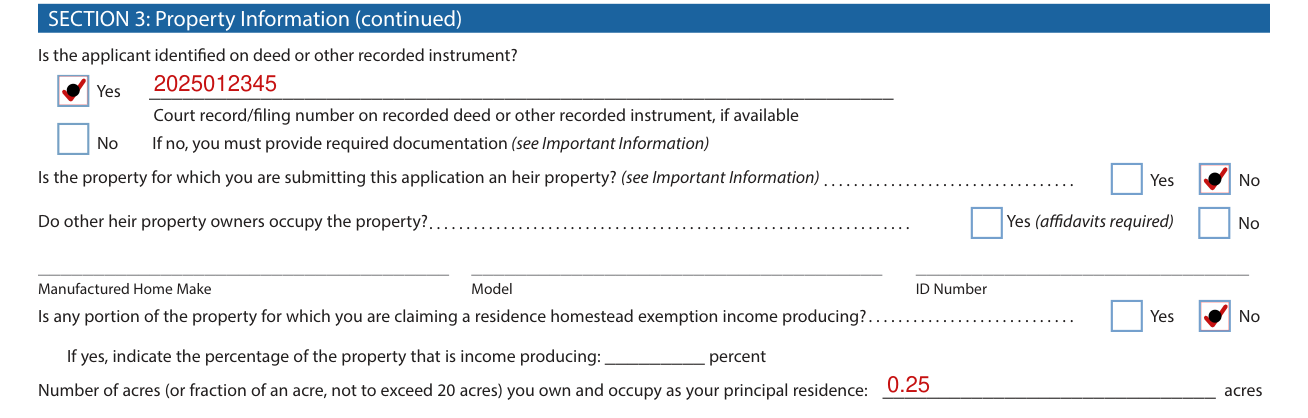 Form 50-114 example filled out, section 3: the deed, heir property, manufactured home and acres