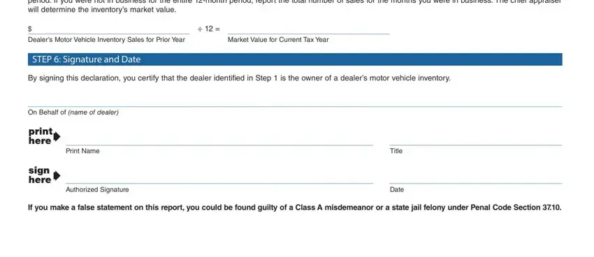 form inventory declaration MarketValueforCurrentTaxYear, STEPSignatureandDate, OnBehalfofnameofdealer, PrintName, Title, AuthorizedSignature, and Date blanks to fill out