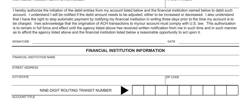 form sf 5510 YOUR AGENCY ACCOUNT IDENTIFICATION, TYPE OF PAYMENT, I hereby authorize the initiation, SIGNATURE, DATE, FINANCIAL INSTITUTION INFORMATION, FINANCIAL INSTITUTION NAME, STREET ADDRESS, CITYSTATE, NINEDIGIT ROUTING TRANSIT NUMBER, ACCOUNT TITLE, and ZIP CODE blanks to insert