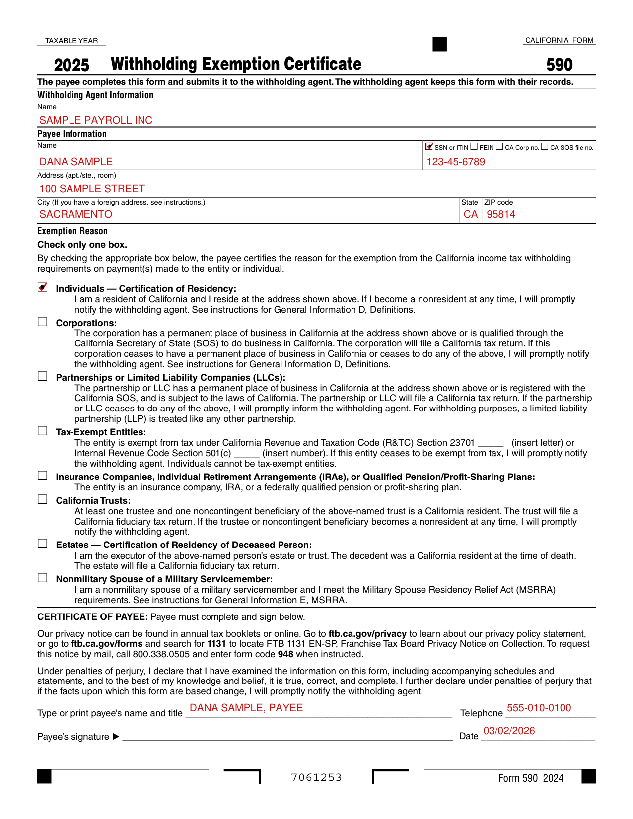 Form 590 example filled out, example: Dana Sample fills in page 1