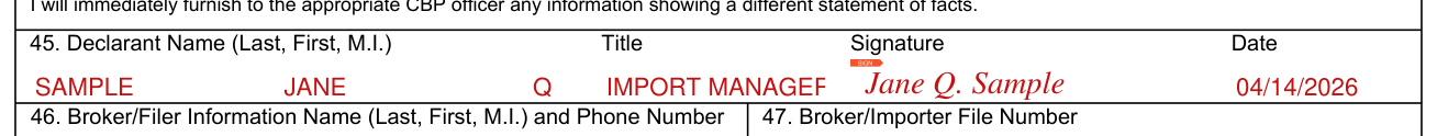 CBP Form 7501 example filled out, declarant, title, signature and date