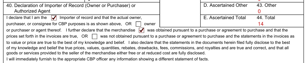 CBP Form 7501 example filled out, declaration of Importer of Record