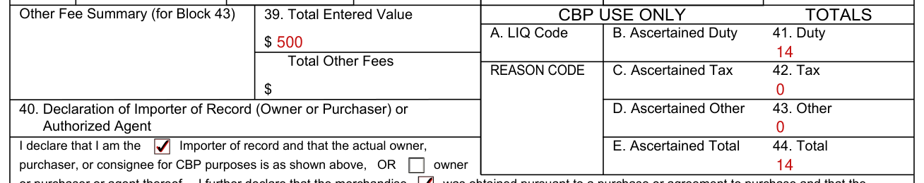 CBP Form 7501 example filled out, duty, tax, other and total