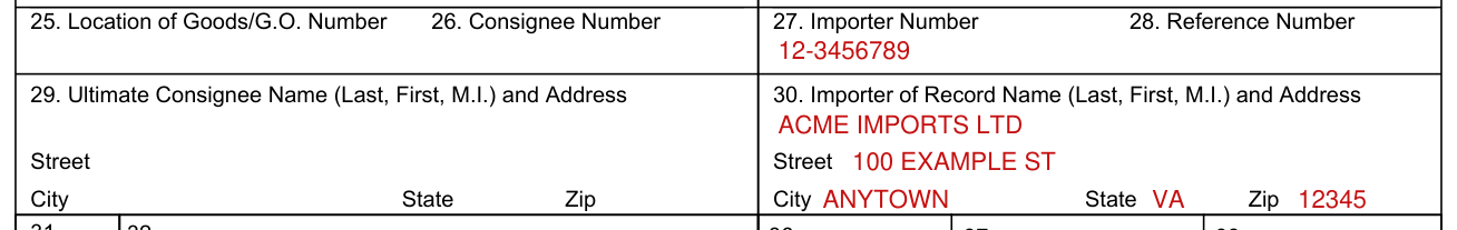 CBP Form 7501 example filled out, importer number and importer of record name and address