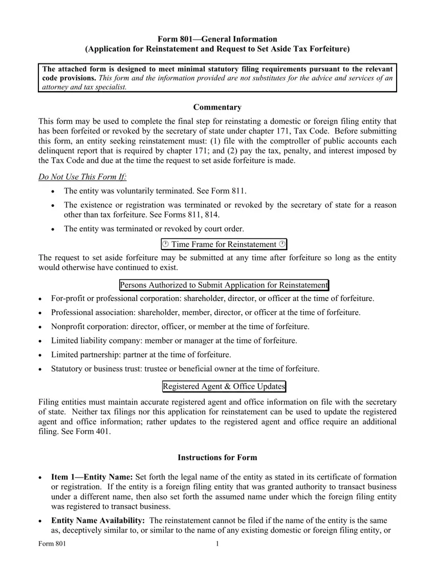 Form 801 Texas first page preview