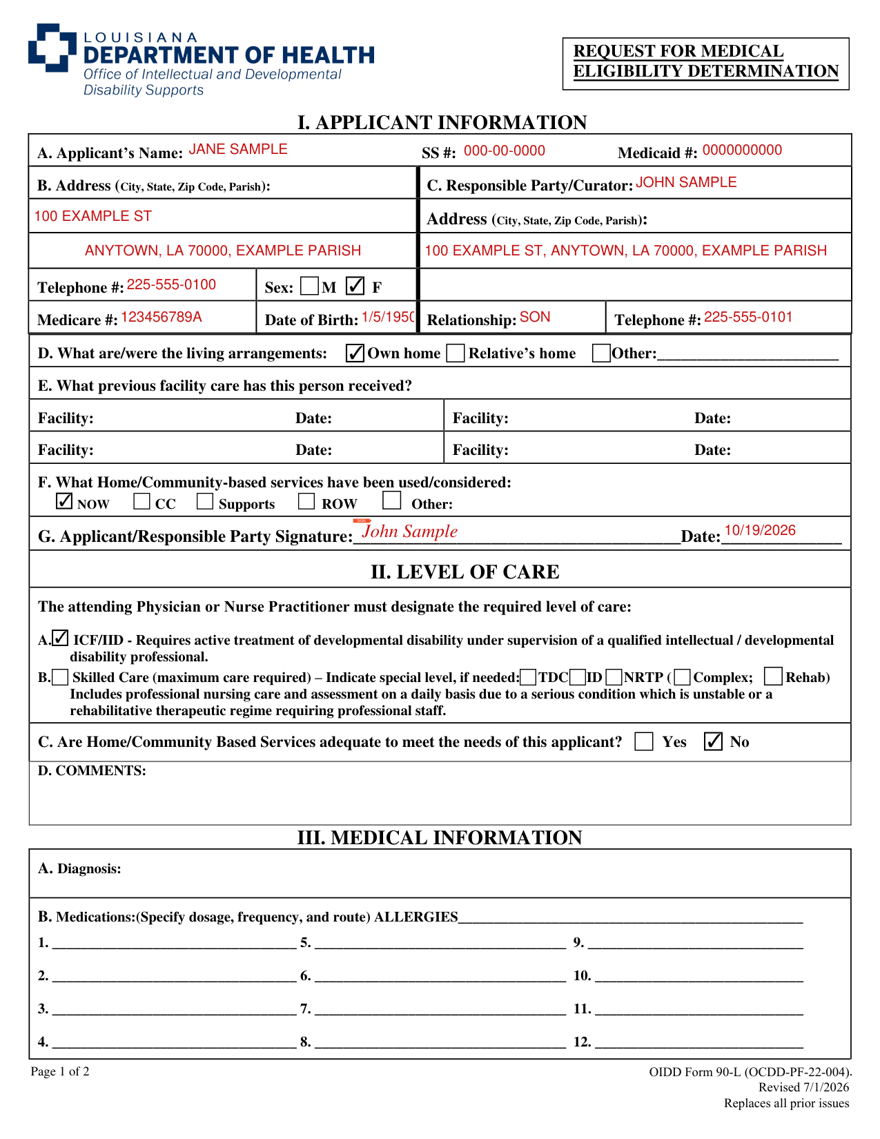 Form 90-L example filled out, example: a son requests an eligibility determination for his mother