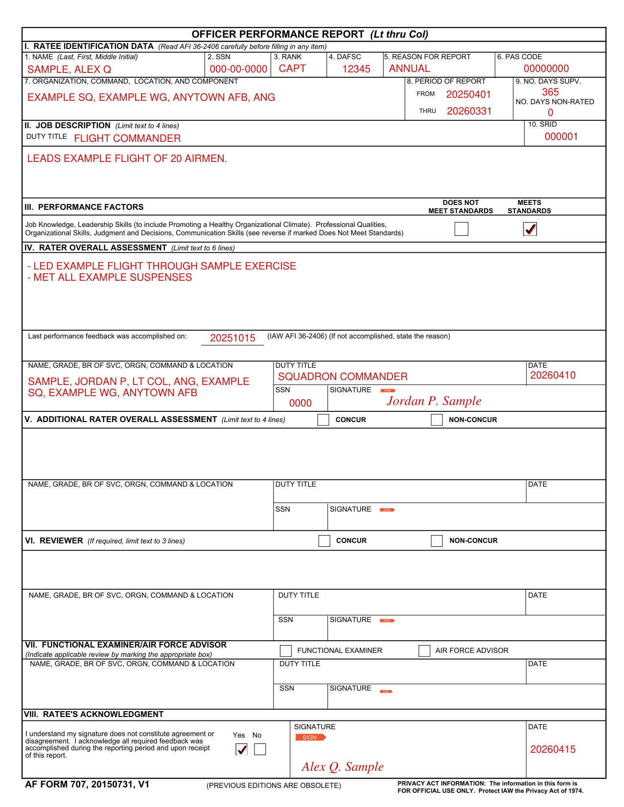 AF Form 707 example filled out, example: an officer report with a rater and a ratee