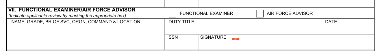 AF Form 707 example filled out, functional examiner or Air Force advisor