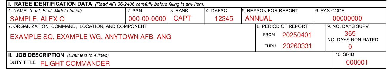 AF Form 707 example filled out, name, SSN, rank, period of report and SRID