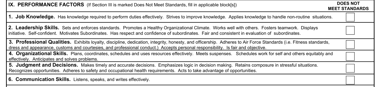 AF Form 707 example filled out, performance factors marked Does Not Meet Standards