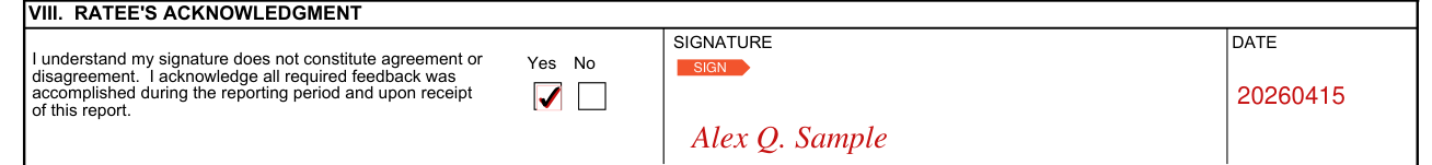 AF Form 707 example filled out, ratee's acknowledgment