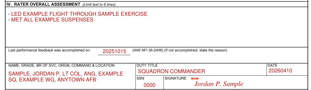 AF Form 707 example filled out, rater overall assessment