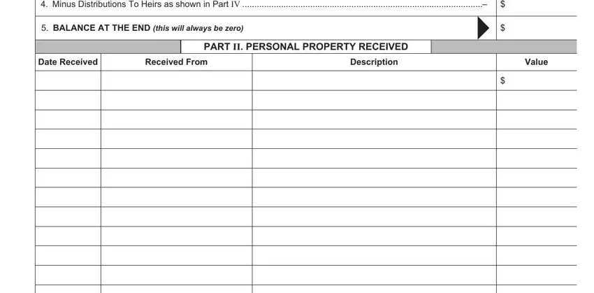 Minus Distributions To Heirs as, BALANCE AT THE END this will, Date Received, Received From, Description, PART II PERSONAL PROPERTY RECEIVED, and Value in nort carolina aoc e 204 form