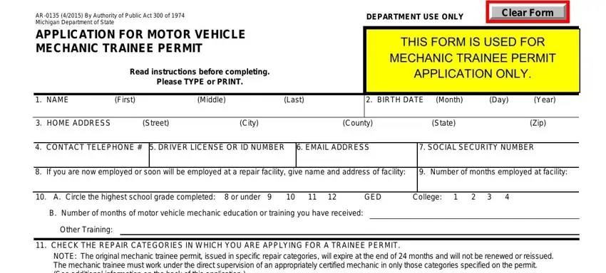 michigan mechanic trainee permit fields to fill in