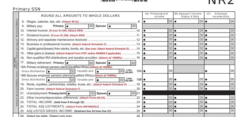 Primary SSN, ITNR, ROUND ALL AMOUNTS TO WHOLE DOLLARS, A PrimaryJoint, B Spouses Income, Income, Status  Only, C Arkansas Income Only, s        s   W, f o p o t n o k c e h c h c a t t A, E M O C N, e r e h  s        s   W h c a t t A, Primary, Spouse, and Spouse in ar1000ec 2017 form