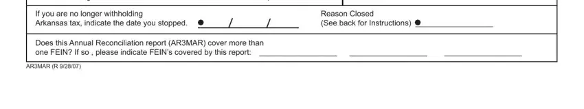 form ar3mar Signature, Date, Telephone Number, If you are no longer withholding, Reason Closed See back for, Does this Annual Reconciliation, and ARMAR R blanks to fill