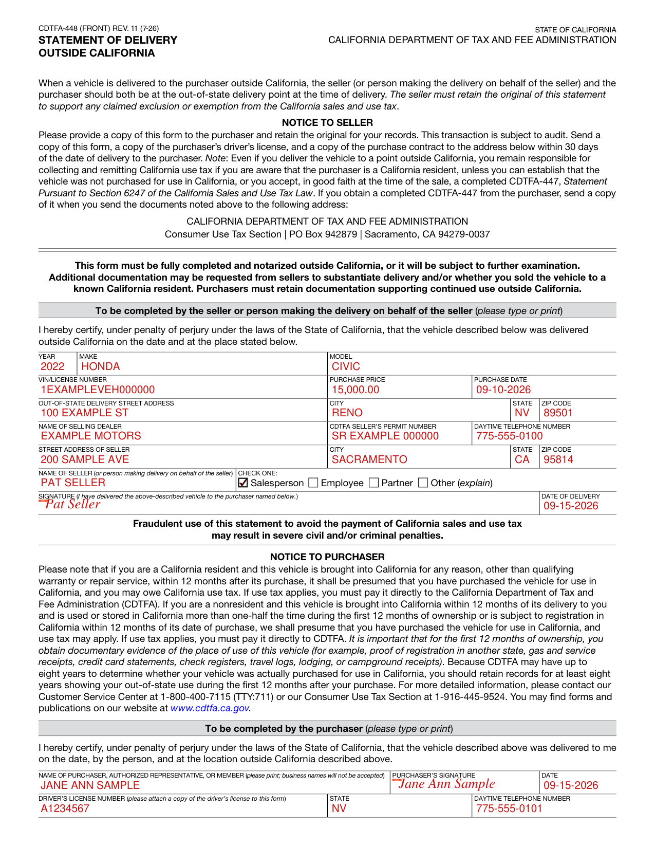 Form CDTFA-448 example filled out, example: a dealer delivers a car in Nevada