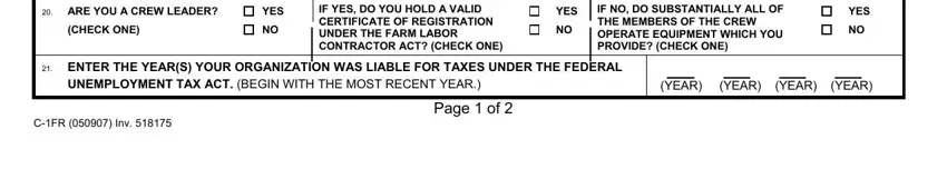 PRECEDING IF YES, IF NO, UNEMPLOYMENT TAX ACT, (YEAR) (YEAR) (YEAR) (YEAR), C-1FR (050907) Inv, and Page 1 of 2 fields to insert