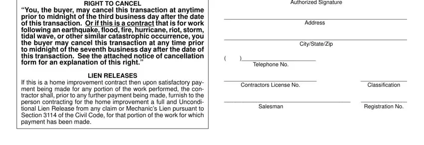 plumbing service agreement pdf RIGHT TO CANCEL You the buyer may, LIEN RELEASES If this is a home, Authorized Signature, Address, CityStateZip, Telephone No, Contractors License No, Classification, Salesman, and Registration No blanks to insert