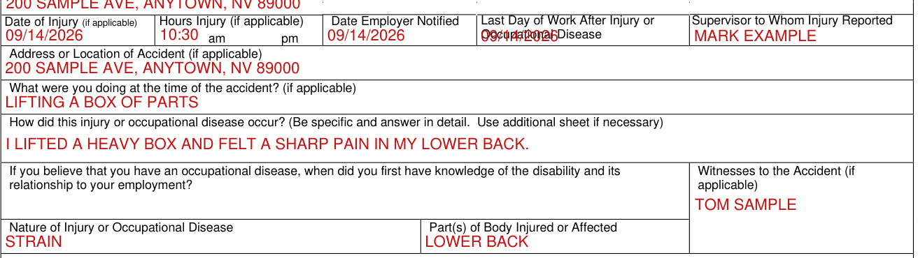 Form C-4 example filled out, accident, Injury or Occupational Disease and Witnesses