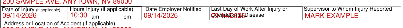 Form C-4 example filled out, date of Injury, Hours Injury and Supervisor to Whom Injury Reported