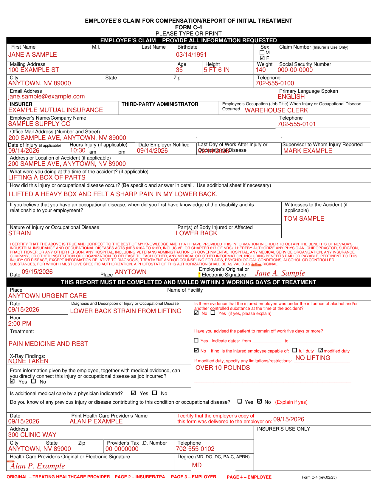 Form C-4 example filled out, example: an employee and her doctor complete Form C-4