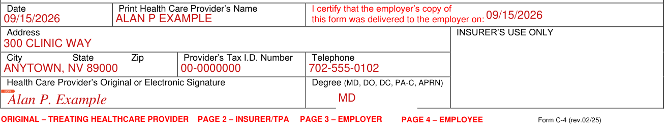 Form C-4 example filled out, health Care Provider's name, address and signature