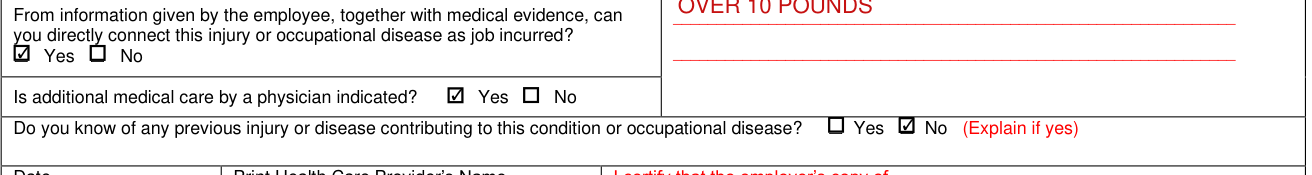 Form C-4 example filled out, job incurred, additional medical care and previous injury