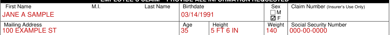 Form C-4 example filled out, name, Birthdate, Sex and Claim Number