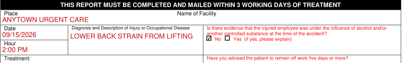 Form C-4 example filled out, place Name of Facility, Diagnosis and alcohol or controlled substance