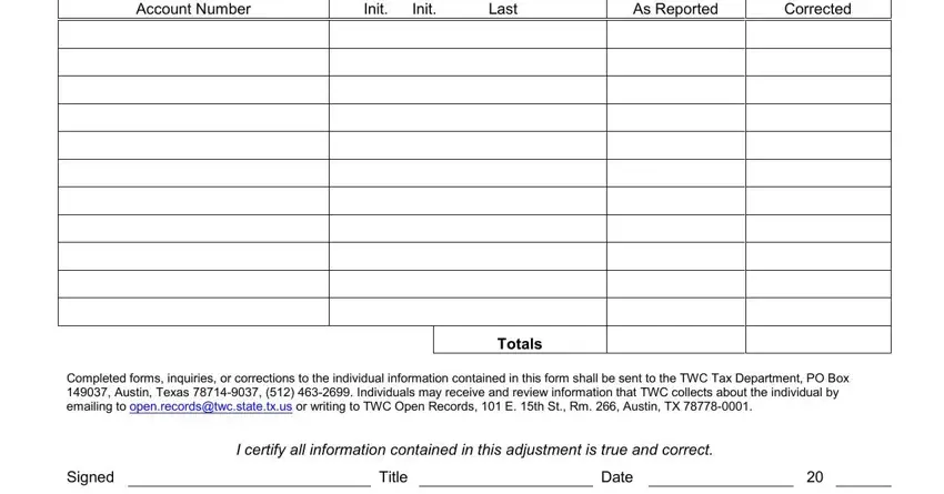 Commission Account Number, Init, Init, Last, As Reported, Corrected, Totals, Completed forms inquiries or, Signed, Title, Date, and I certify all information blanks to fill out