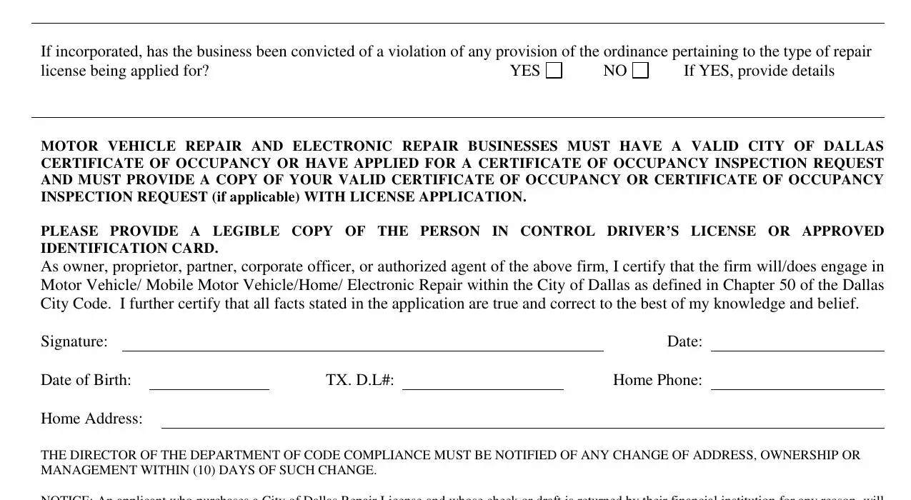 If not incorporated, If YES, Home Phone:, Date:, and YES in home repair license city of dallas