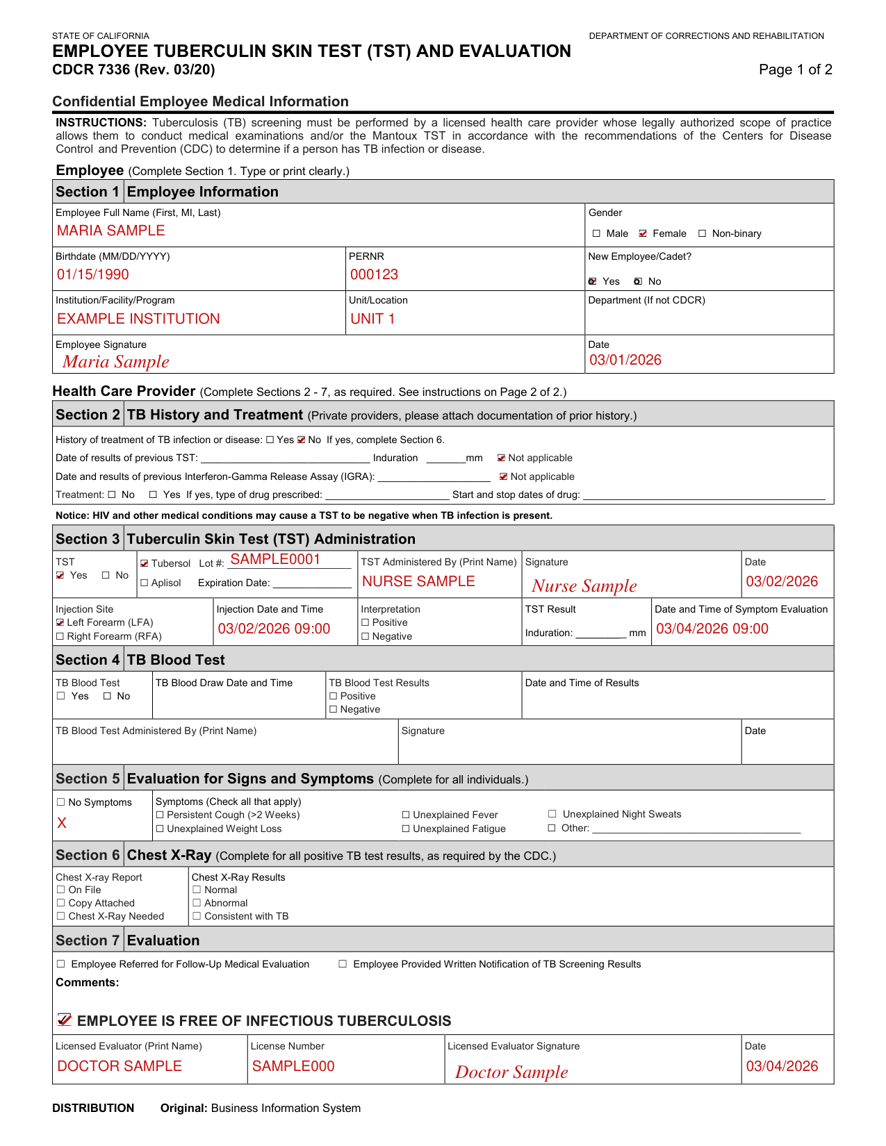CDCR 7336 example filled out, example: a new employee with a negative skin test