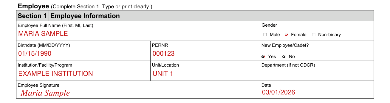 CDCR 7336 example filled out, section 1 Employee Information