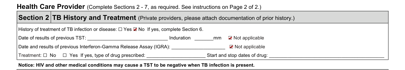 CDCR 7336 example filled out, section 2 TB History and Treatment