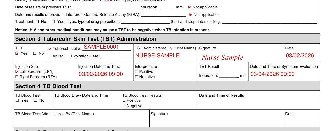 CDCR 7336 example filled out, section 3 TST and Section 4 TB Blood Test
