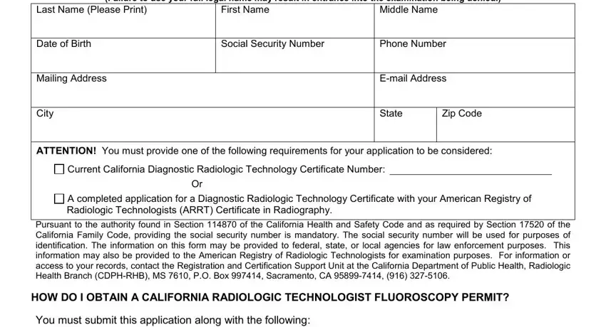 california xray license application fields to fill out