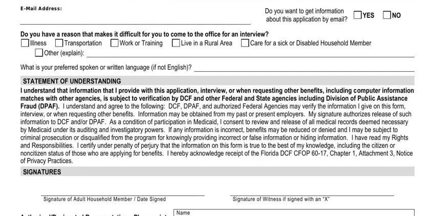 florida cf access children families EMail Address, Do you want to get information, YES, Do you have a reason that makes it, Live in a Rural Area, Illness, Care for a sick or Disabled, Transportation Other explain, What is your preferred spoken or, STATEMENT OF UNDERSTANDING I, SIGNATURES, Signature of Adult Household, Signature of Witness if signed, AuthorizedDesignated, and Name fields to complete