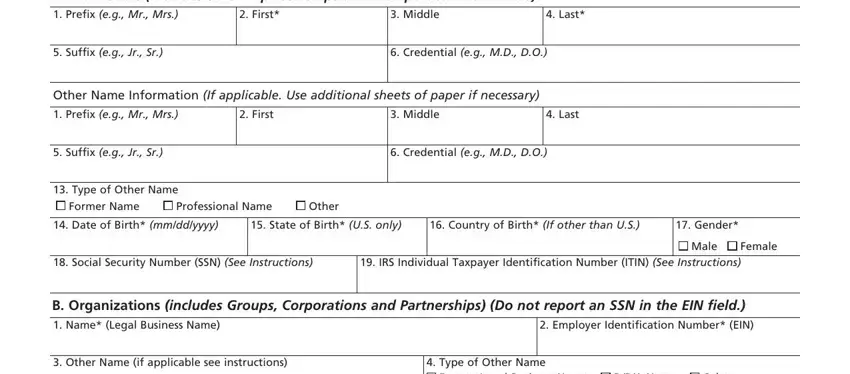 npi form A Individuals includes Sole, Middle, First, Last, Suffix eg Jr Sr, Credential eg MD DO, Other Name Information If, Prefix eg Mr Mrs, First, Middle, Last, Suffix eg Jr Sr, Credential eg MD DO, Type of Other Name, and Former Name blanks to insert