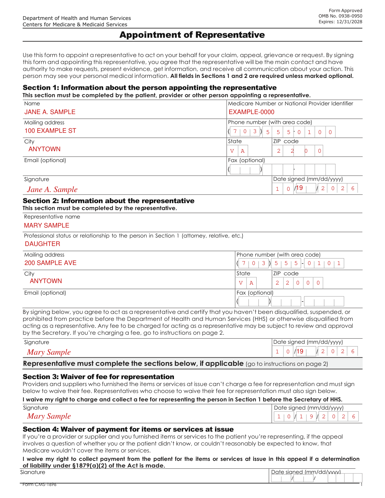 Form CMS-1696 example filled out, example: a daughter is appointed to act in a Medicare appeal