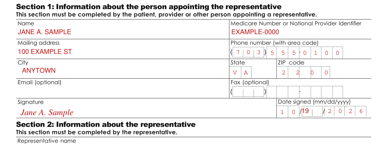 Form CMS-1696 example filled out, section 1: Information about the person appointing the representative