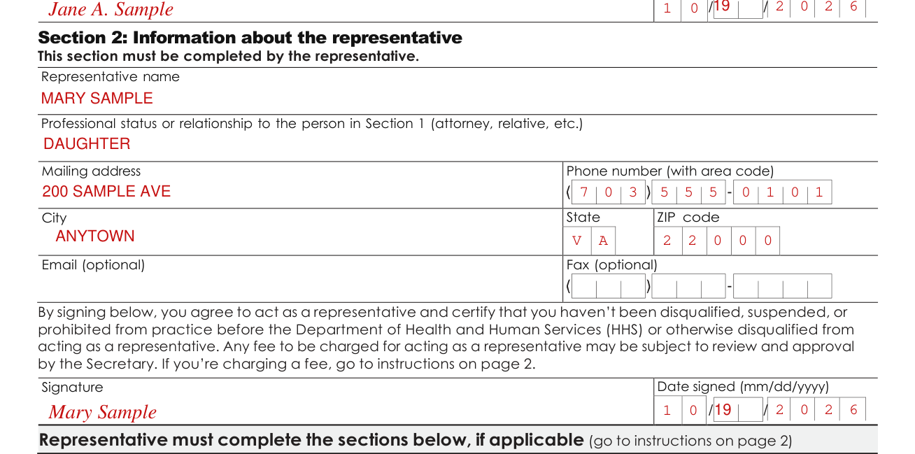 Form CMS-1696 example filled out, section 2: Information about the representative