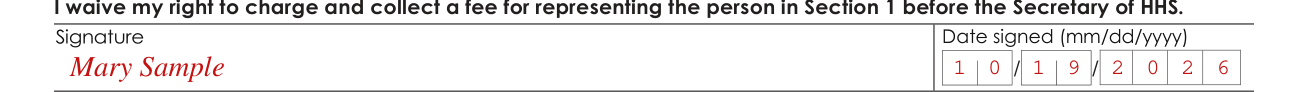 Form CMS-1696 example filled out, section 3: Waiver of fee for representation