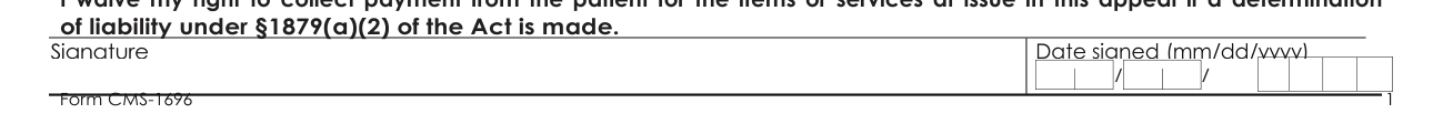 Form CMS-1696 example filled out, section 4: Waiver of payment for items or services at issue