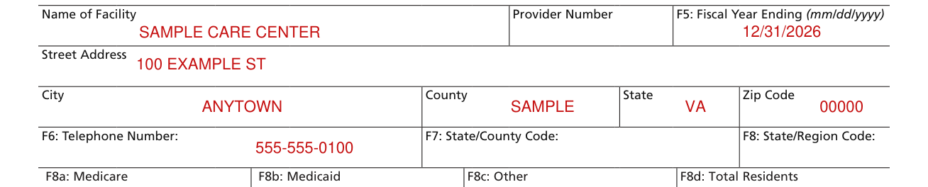 Form CMS-671 example filled out, facility name, provider number and address