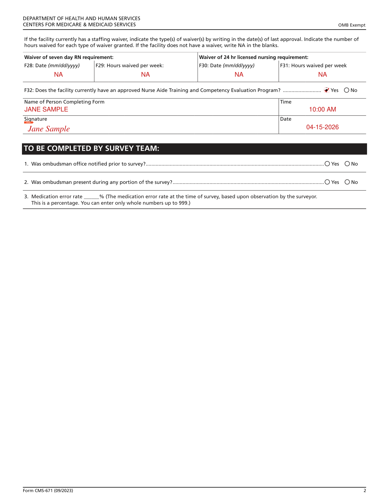 Form CMS-671 example filled out, example: an initial application for a facility owned by a corporation