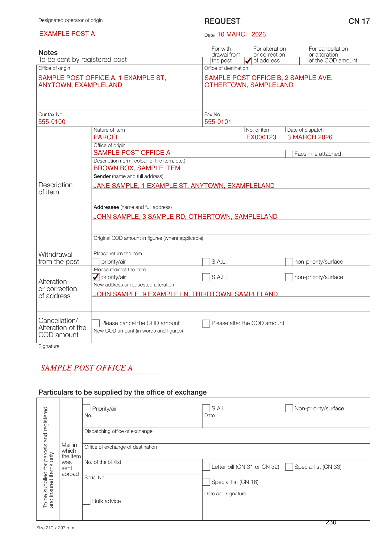 Form CN 17 example filled out, example: a post office asks to redirect a parcel