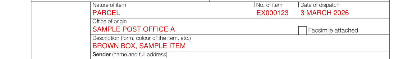 Form CN 17 example filled out, nature of item