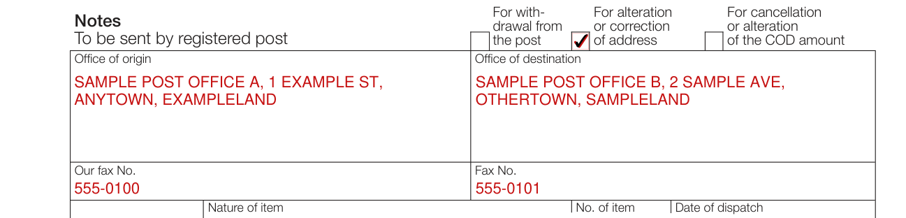 Form CN 17 example filled out, office of origin and Office of destination