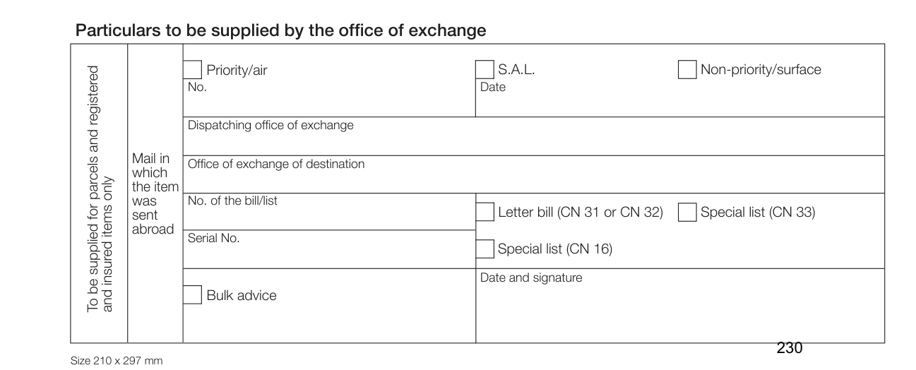 Form CN 17 example filled out, particulars to be supplied by the office of exchange